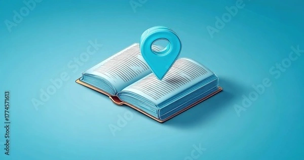 Fototapeta Geographic information system, open book with 3D location pin icon for educational concept, travel guide design, library and navigation technology, minimalist flat lay composition.
