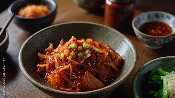 Fototapeta "A close-up of a traditional Korean kimchi dish — vibrant red and orange fermented napa cabbage with visible chili flakes, garlic, and green onions. The texture looks crunchy and juicy, 