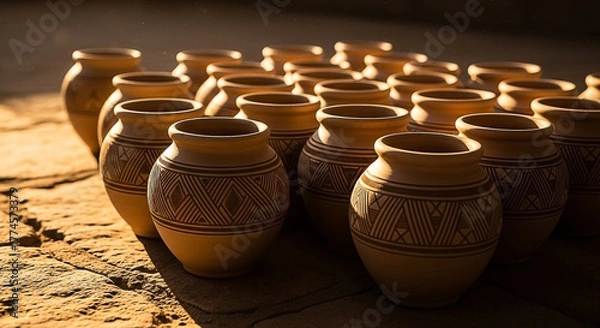 Obraz Terracotta Array: Handcrafted Vessels with Traditional Designs on Arid Surface
