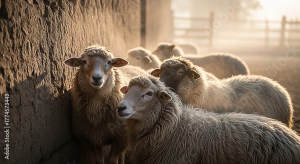 Obraz Sheep huddled by rustic wall in soft sunlight, rural scene