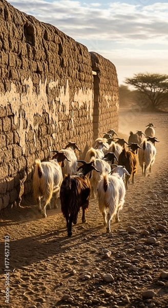 Fototapeta Goats walking by an old wall on a dusty path in the desert