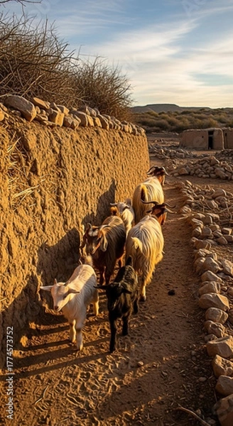 Fototapeta Goats walk along a dirt path beside a mud wall in the desert