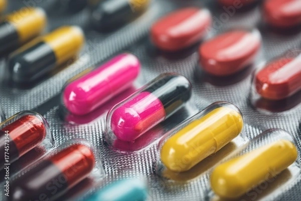 Obraz Colorful Medicine Capsules Close-up in Blister Pack A Variety of Pharmaceutical Drugs for Treating Illness Health and Wellness Concept Bright Yellow Red Pink and Black Gel Caplets on Gray Foil
