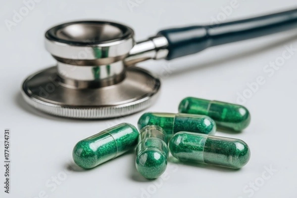 Fototapeta Green Capsules and Stethoscope: Representing Healthcare and Modern Medicine with a Focus on Medical Equipment and Drug Prescription for Patient Treatment