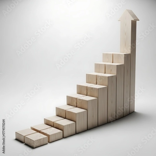 Fototapeta Wooden block staircase with an arrow pointing upwards, isolated on white background, symbolizing growth, progress, and achievement in business and career development