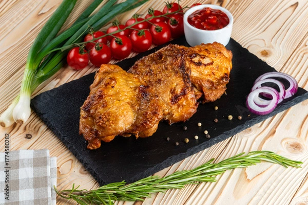 Obraz Grilled chicken shashlik on a wooden table