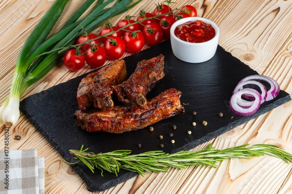 Obraz Grilled ribs, shashlik on a wooden table