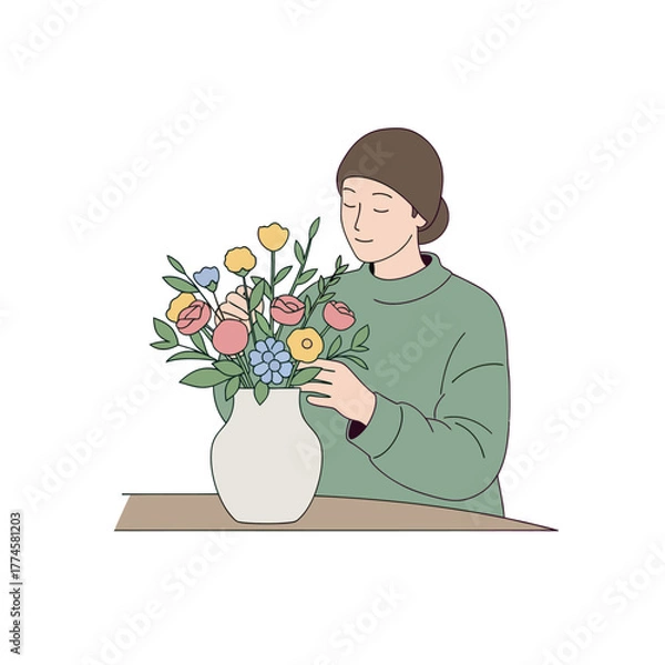 Obraz Person arranging colorful fresh flowers in vase on wooden table indoors