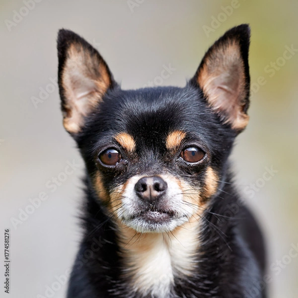 Fototapeta An alert black and tan Chihuahua dog gazes directly at the camera with large, expressive eyes and perked ears. This adorable small breed canine is captured in a close-up portrait, highlighting its cha