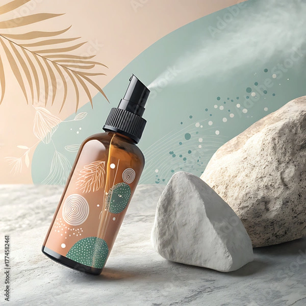Obraz Refreshing facial mist bottle spritzed with natural botanicals and tropical leaves presenting a serene ambiance illustration