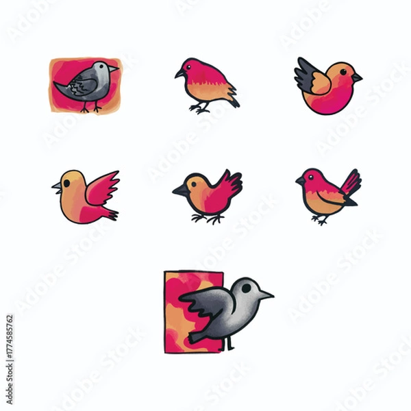 Fototapeta Whimsical Avian Collection: An artistic collection of vibrant cartoon birds, each with unique features and character, displayed against soft, watercolor-like backgrounds. 