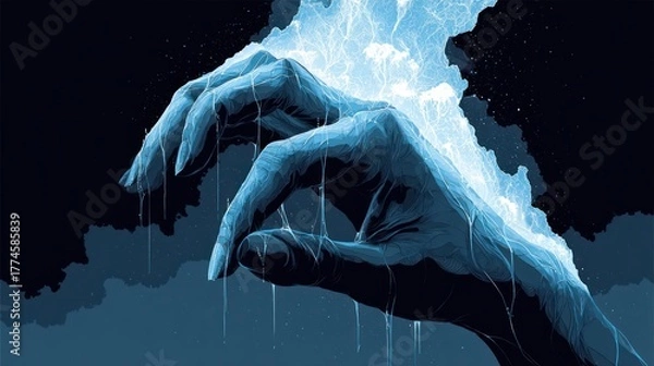Fototapeta Illustration of a glowing hand reaching with energy and abstract background