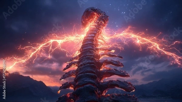Fototapeta Abstract spine structure with glowing energy against a dramatic sky