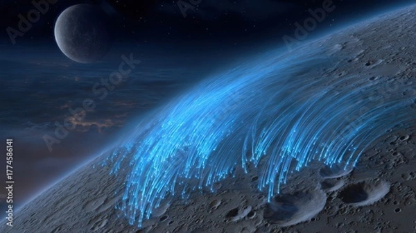 Fototapeta Digital artwork of celestial bodies with a blue aurora like display in space
