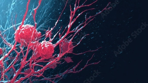 Obraz Abstract red vein like structures against a dark blue background