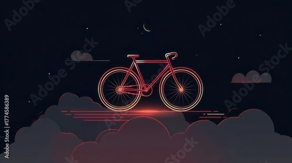 Fototapeta Red bicycle silhouette on cloudy night with stars and moon illustration