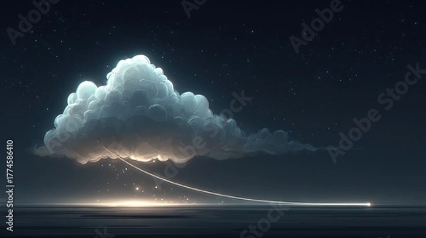 Fototapeta Surreal cloud with glowing trail against dark sky with stars fantasy concept