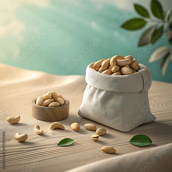 Obraz Nutritious pistachios piled in a decorative bag and small bowl ready for snacking illustration
