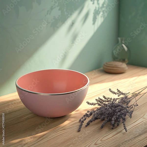 Fototapeta Minimalist pink ceramic bowl with lavender and sunlight shadows on textured surface illustration