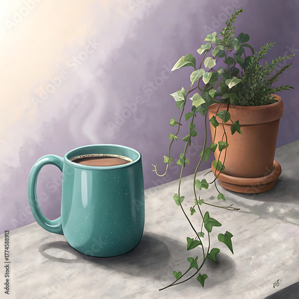 Fototapeta Turquoise coffee mug with plant and soft light captured in realistic digital art style illustration