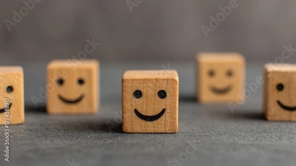 Fototapeta Enhancing customer satisfaction survey insights business environment wooden block smiley concept