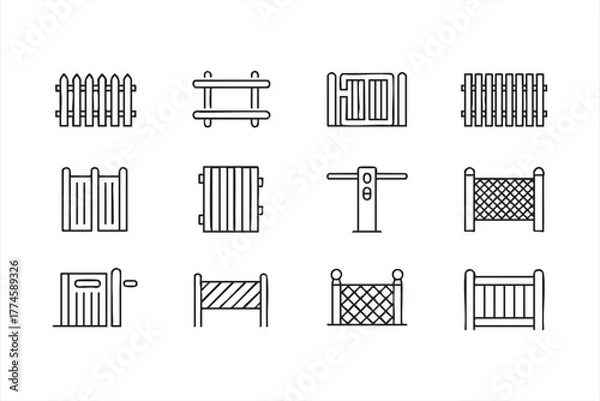 Obraz Vector outline icons of gates, walls, and security fences for design use
