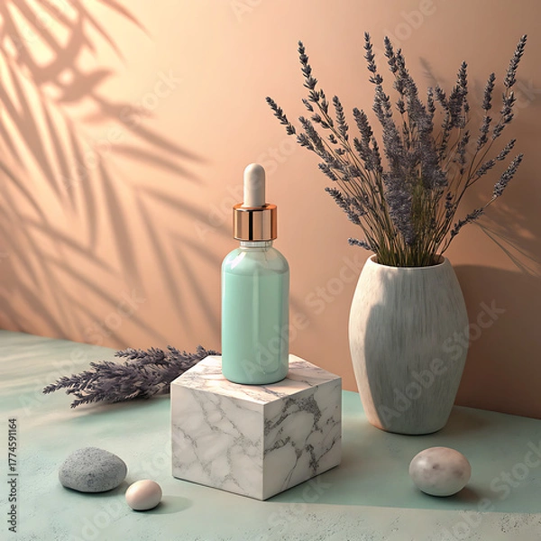 Obraz Minimalist skincare product display serene ambiance soft lighting and natural elements illustration