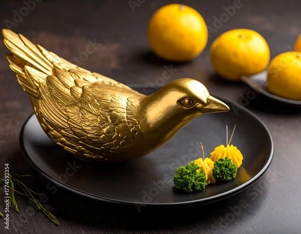 Obraz Golden Bird Sculpture on Black Plate with Citrus Fruits.