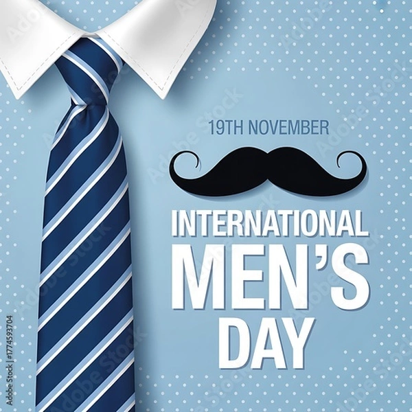 Obraz International mens day greeting card with tie and mustache on blue background