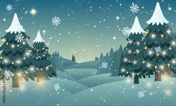 Fototapeta Winter landscape with snowdrifts and snowy fir trees. Vector doodle style seasonal nature background. Frosty snow hills. Game art concept. Vector illustration: Cartoon Winter snowy christmas lands
