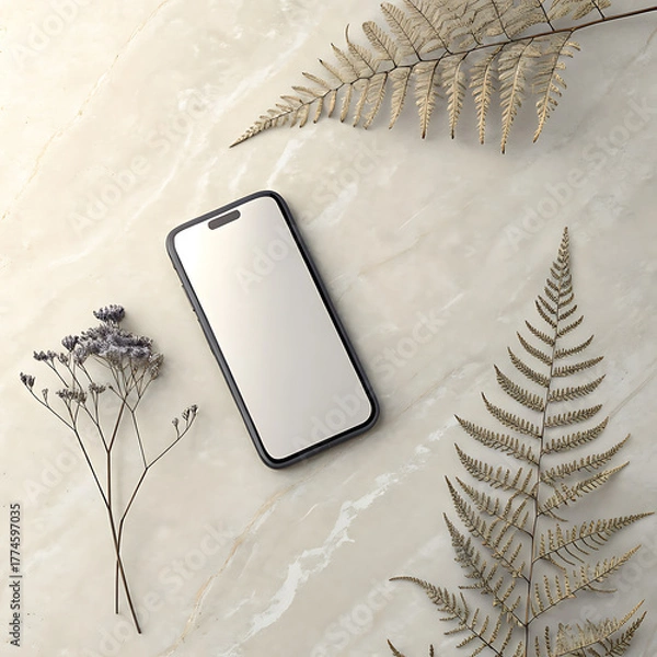 Obraz Modern smartphone displaying blank screen amidst dried botanicals top down view illustration