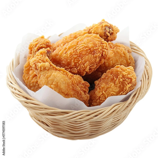 Fototapeta Crispy golden fried chicken drumsticks in a woven basket Isolated transparent on white background