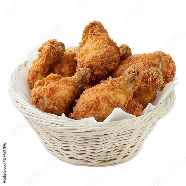 Fototapeta Crispy golden fried chicken drumsticks in a woven basket Isolated transparent on white background