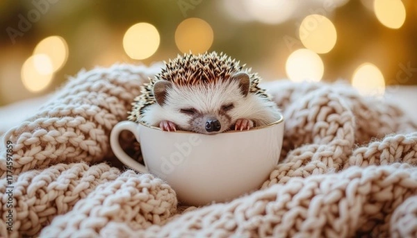 Fototapeta A tiny hedgehog sleeping inside a teacup with warm soft lighting and a cozy atmosphere