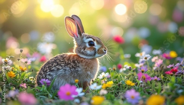 Fototapeta A small rabbit standing among wildflowers in golden sunlight with a soft natural background