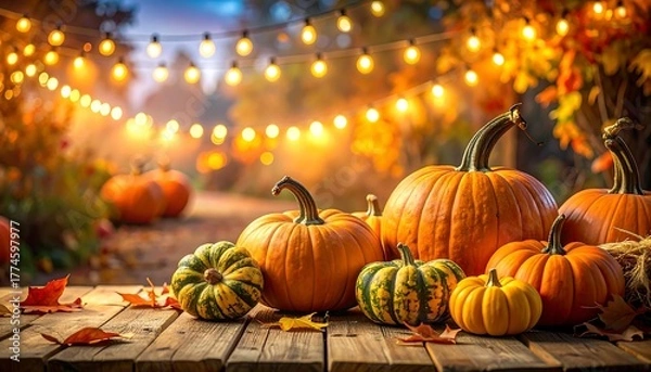 Obraz Autumn Harvest - Pumpkins and Lights on a Wooden Table.