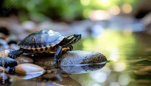 Fototapeta A small turtle resting on a smooth pebble by a stream under soft natural sunlight