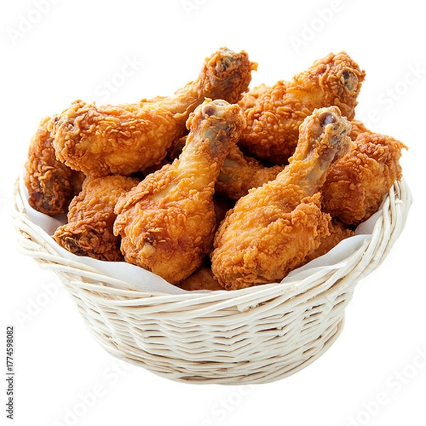Fototapeta Crispy golden fried chicken drumsticks in a woven basket Isolated transparent on white background