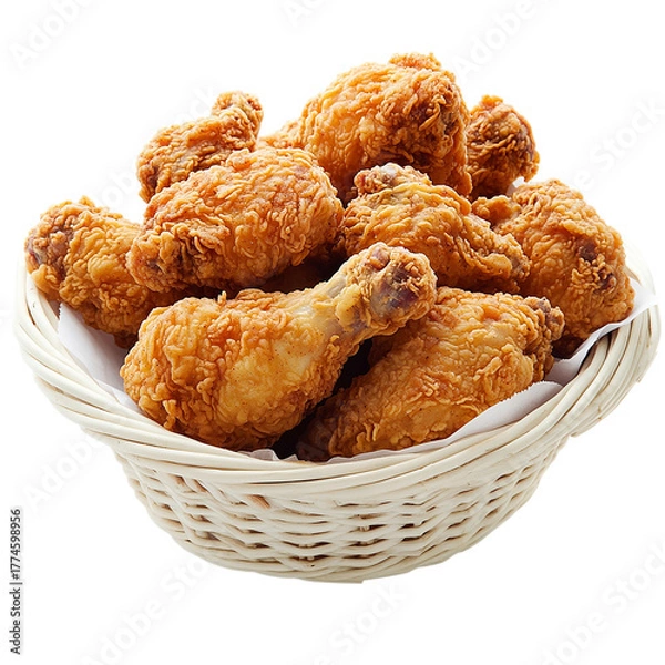 Fototapeta Crispy golden fried chicken drumsticks in a woven basket Isolated transparent on white background