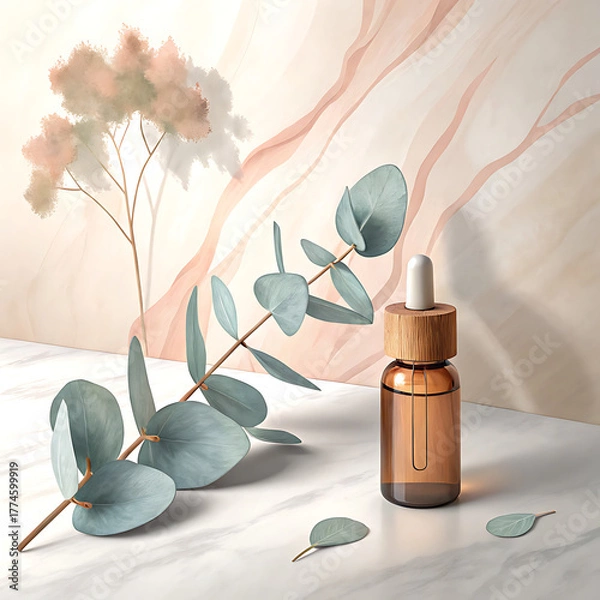 Fototapeta Soft contemporary still life with dropper bottle and eucalyptus leaves on textured surface illustration