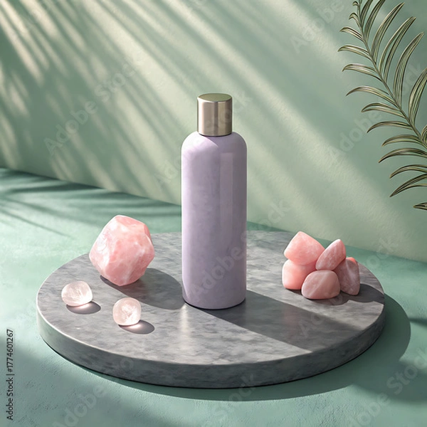 Fototapeta Minimalist beauty product bottle with soft pink petals and natural light casting shadows illustration