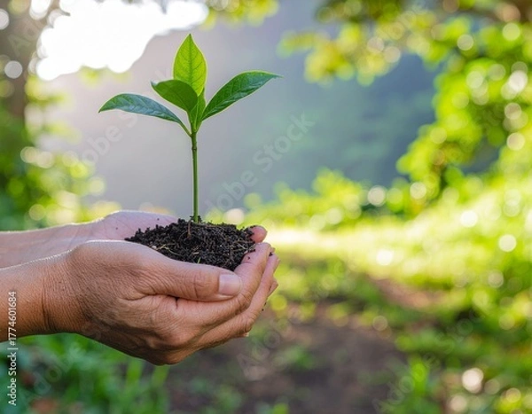 Fototapeta Earth Day In the hands of trees growing seedlings Bokeh green Background Female hand holding tree on nature field grass Forest conservation concept