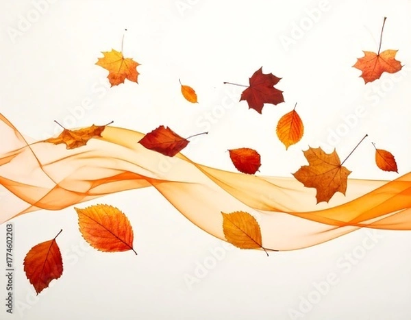 Fototapeta Autumn Leaves and Orange Ribbon - A Seasonal Composition.