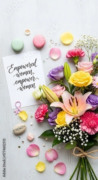 Fototapeta Colorful floral arrangement with inspirational card on white surface