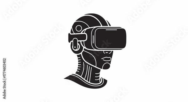 Fototapeta Futuristic robot head wearing a virtual reality headset, exploring new dimensions.