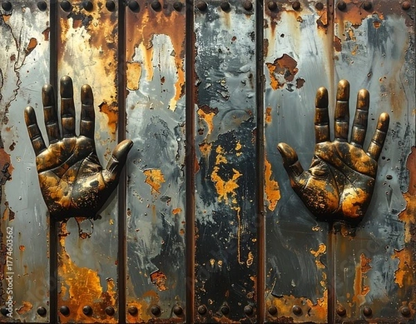 Fototapeta Close-up of aged, weathered metal door with bronze hands affixed, suggesting a portal or opening