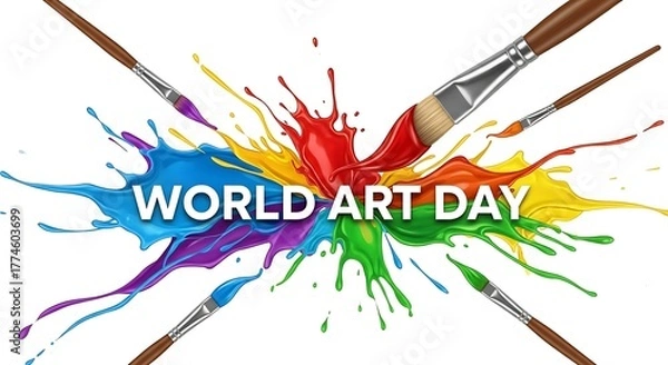 Fototapeta Colorful paint splashes with brushes celebrating world art day graphic design