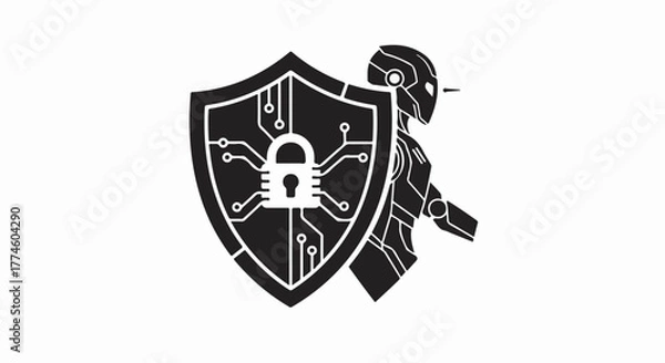 Obraz Futuristic robot guarding digital shield with padlock symbol for cybersecurity and data protection