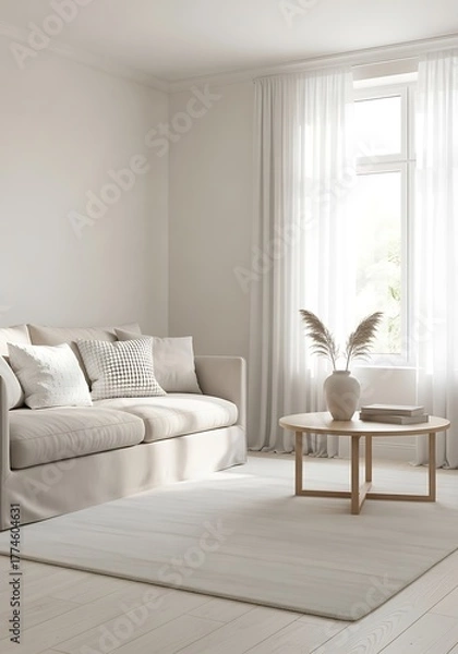 Fototapeta Serene living room showcasing neutral tones and minimalist design, emphasizing tranquility and natural light creating