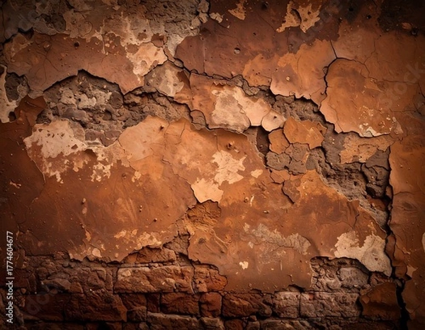Fototapeta Close-up of aged, weathered wall, revealing layers of peeling plaster and exposed brick beneath. Textured, detailed background